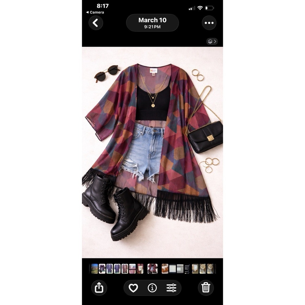 LuLaRoe Shirley Kimono Duster Black Fringe Geometric Print Large Boho Cardigan